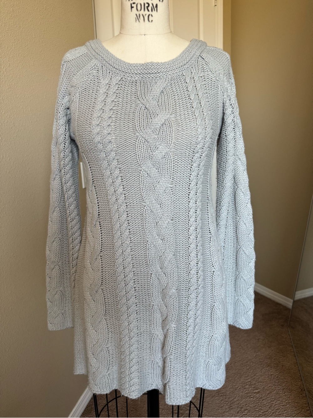 Lemon Light Gray Chunky Cable Knit Sweater Dress